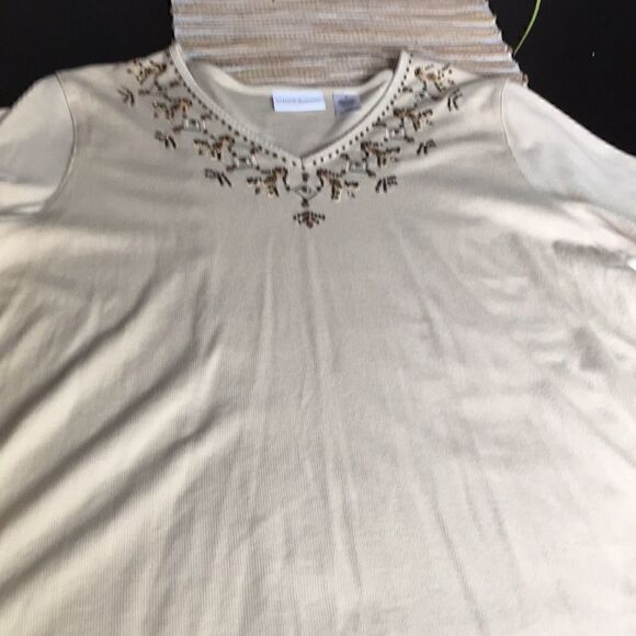 NWT s/s tan colored v-neck embroidered top - Picture 1 of 4